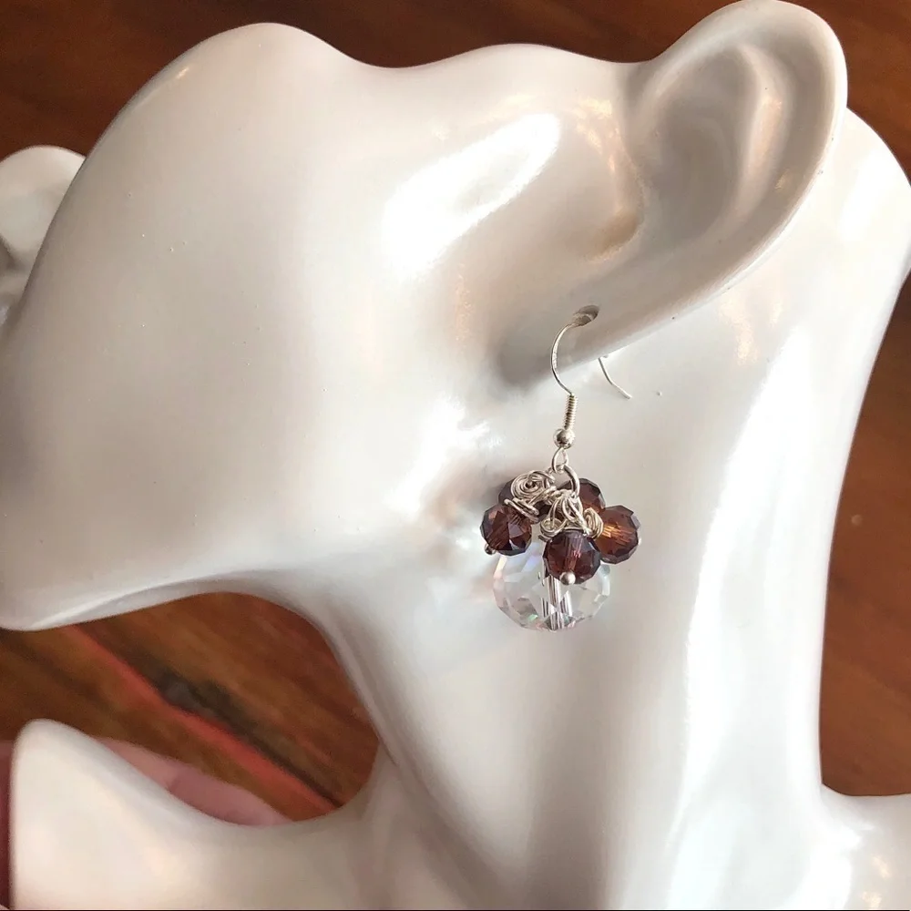 𝅺Sterling Silver Earrings Bead Fired Garnet & Austrian Crystal - Picture 7 of 12